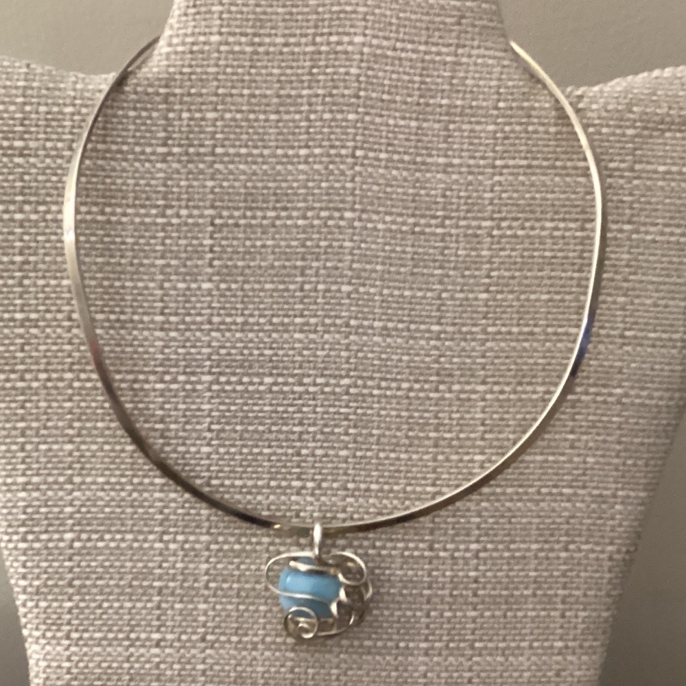 Sterling 925 LARIMAR Dominican Republic choker and pendant blue silver necklace